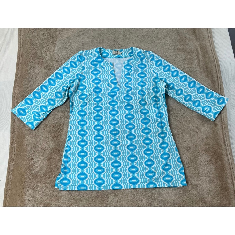 Katherine Way Geometric Ogee Tunic Top Women's Medium Blue White 3/4 sleeve